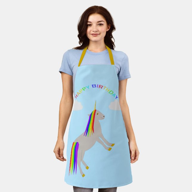 Fantasy Birthday Unicorn Rainbow and Clouds Apron (Worn)