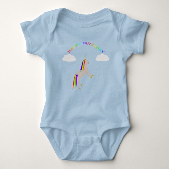 Fantasy Birthday Unicorn Rainbow and Clouds Baby Bodysuit (Front)