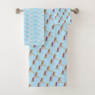 Fantasy Birthday Unicorn Rainbow and Clouds Bath Towel Set