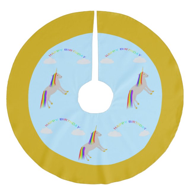 Fantasy Birthday Unicorn Rainbow and Clouds Brushed Polyester Tree Skirt (Front)