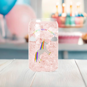 Fantasy Birthday Unicorn Rainbow and Clouds Can Glass