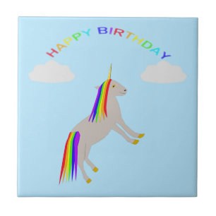Fantasy Birthday Unicorn Rainbow and Clouds Ceramic Tile