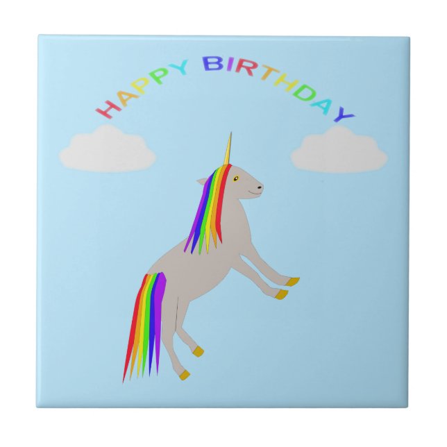Fantasy Birthday Unicorn Rainbow and Clouds Ceramic Tile (Front)