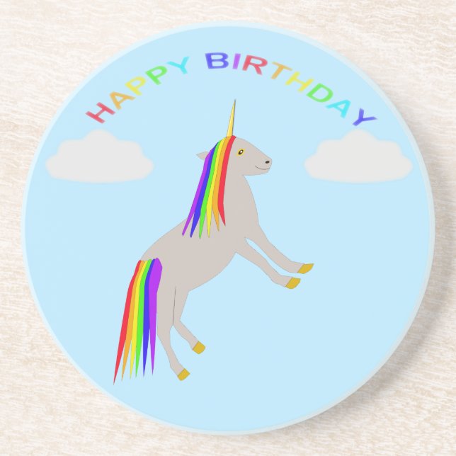 Fantasy Birthday Unicorn Rainbow and Clouds Coaster (Front)