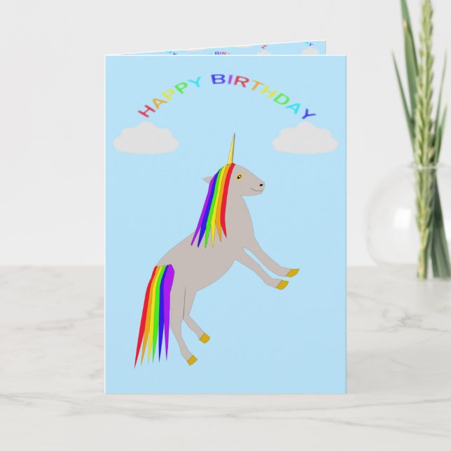 Fantasy Birthday Unicorn Rainbow and Clouds Custom Card (Front)