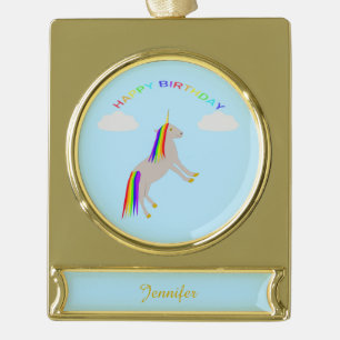 Fantasy Birthday Unicorn Rainbow and Clouds Custom Gold Plated Banner Ornament