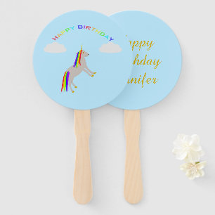 Fantasy Birthday Unicorn Rainbow and Clouds Custom Hand Fan