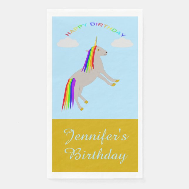 Fantasy Birthday Unicorn Rainbow and Clouds Custom Napkin (Front)