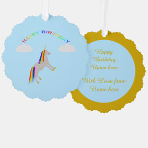 Fantasy Birthday Unicorn Rainbow and Clouds Custom Tree Decoration Card