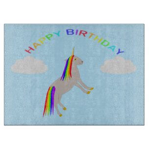 Fantasy Birthday Unicorn Rainbow and Clouds Cutting Board