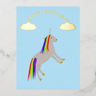 Fantasy Birthday Unicorn Rainbow and Clouds Foil Holiday Postcard