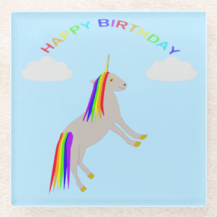 Fantasy Birthday Unicorn Rainbow and Clouds Glass Coaster