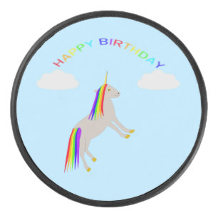 Fantasy Birthday Unicorn Rainbow and Clouds Hockey Puck