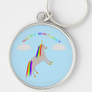 Fantasy Birthday Unicorn Rainbow and Clouds Key Ring