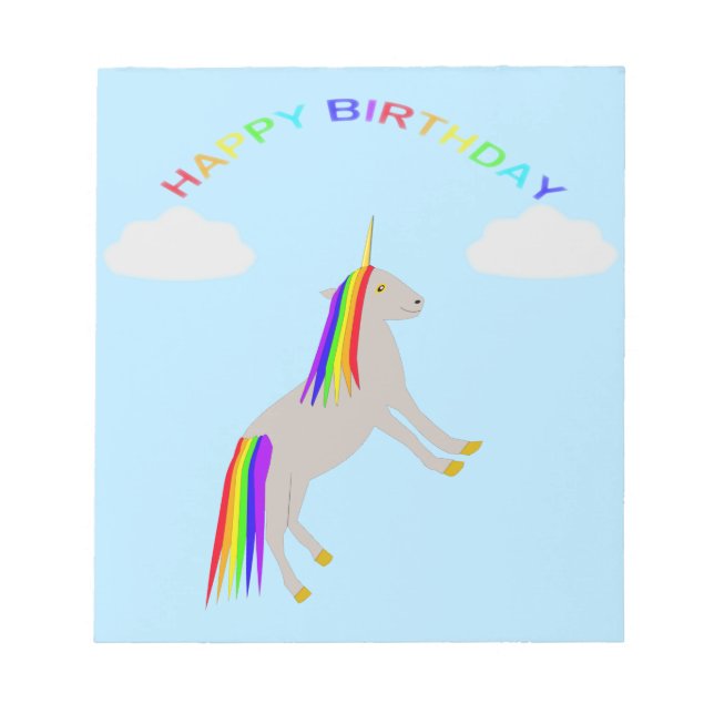 Fantasy Birthday Unicorn Rainbow and Clouds Notepad (Front)