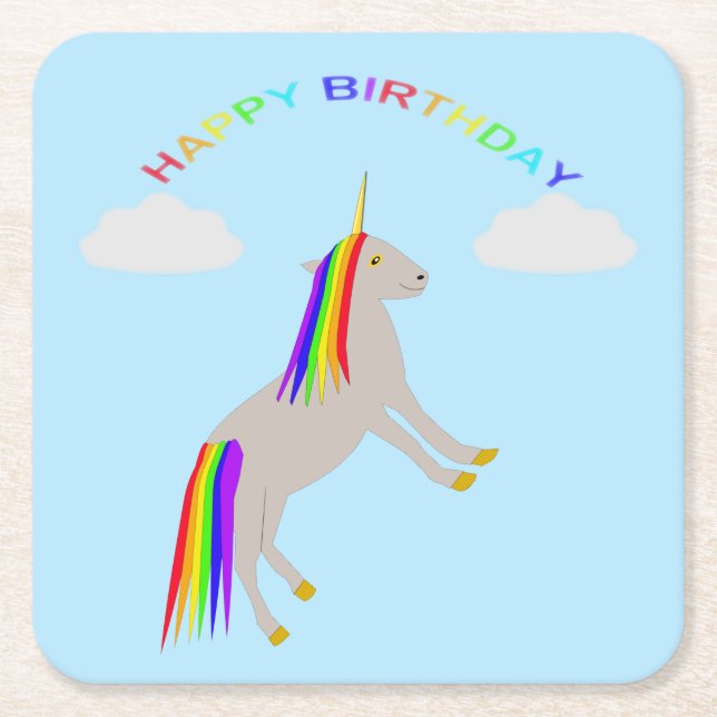 Fantasy Birthday Unicorn Rainbow and Clouds Square Paper Coaster (Front)