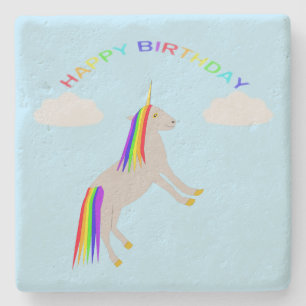Fantasy Birthday Unicorn Rainbow and Clouds Stone Coaster