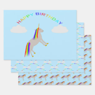 Fantasy Birthday Unicorn Rainbow and Clouds Wrapping Paper Sheet
