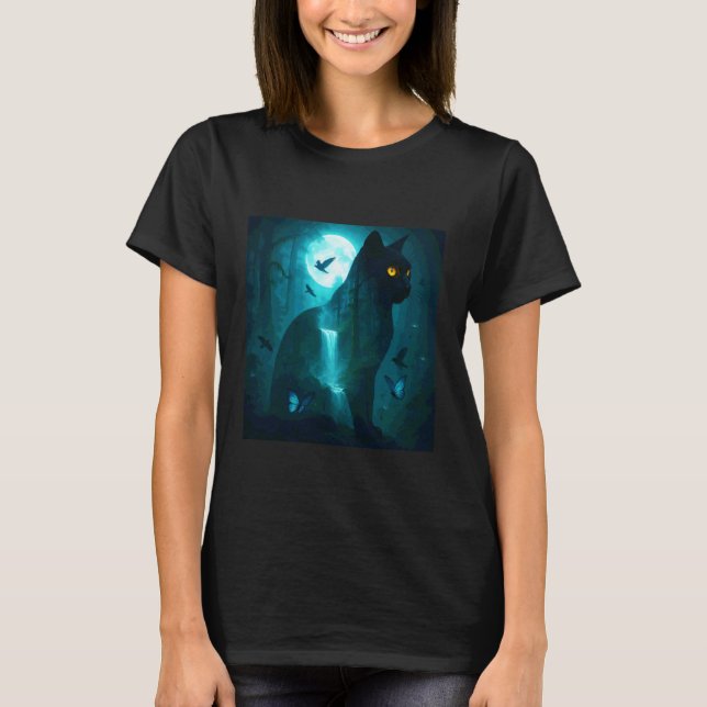 Fantasy Black Surreal Cat T-Shirt (Front)