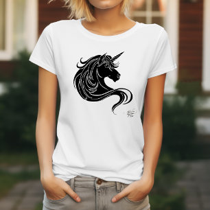Fantasy Black Tribal Unicorn White Minimalist T-Shirt
