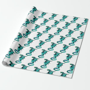 Fantasy Blue Dragon White Background Mythical  Wrapping Paper