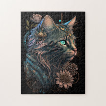 Fantasy blue eye cat  with flowers AI art