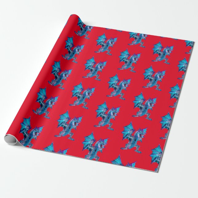 Fantasy Blue Fire Dragon Red Mythic Dragon Art Wrapping Paper (Unrolled)
