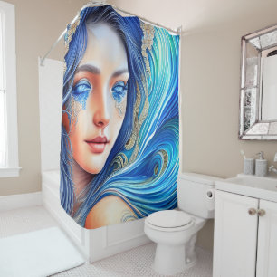 Fantasy Blue Ocean Wave Goddess Abstract Art Shower Curtain