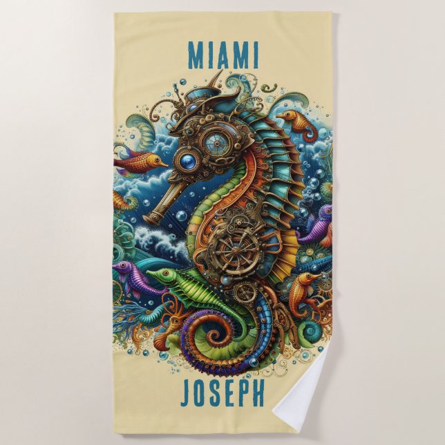 FANTASY BLUE & TAN STEAMPUNK SEAHORSE BEACH TOWEL (Front)