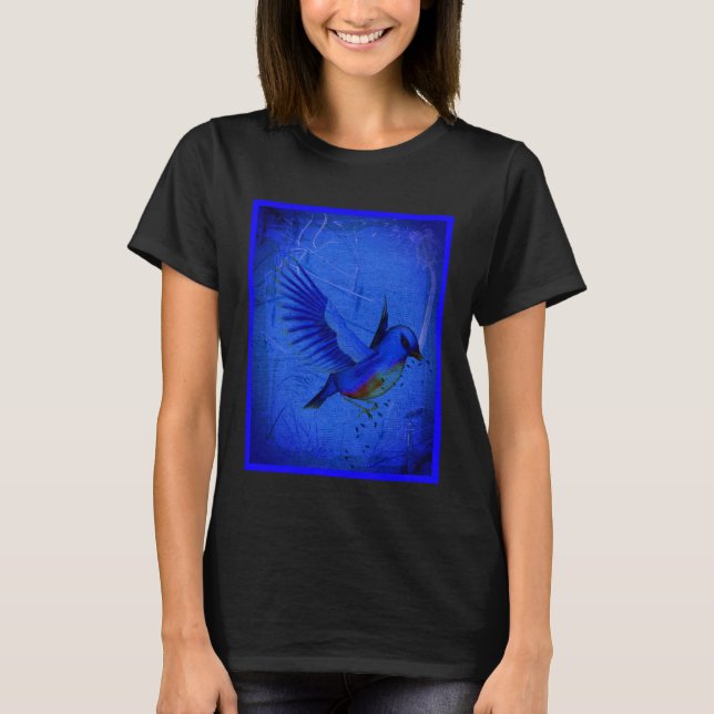 Fantasy Bluebird On Blue Nature Art  T-Shirt (Front)