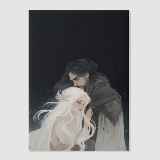 Fantasy book vellum art main characters embracing invitations (Front)