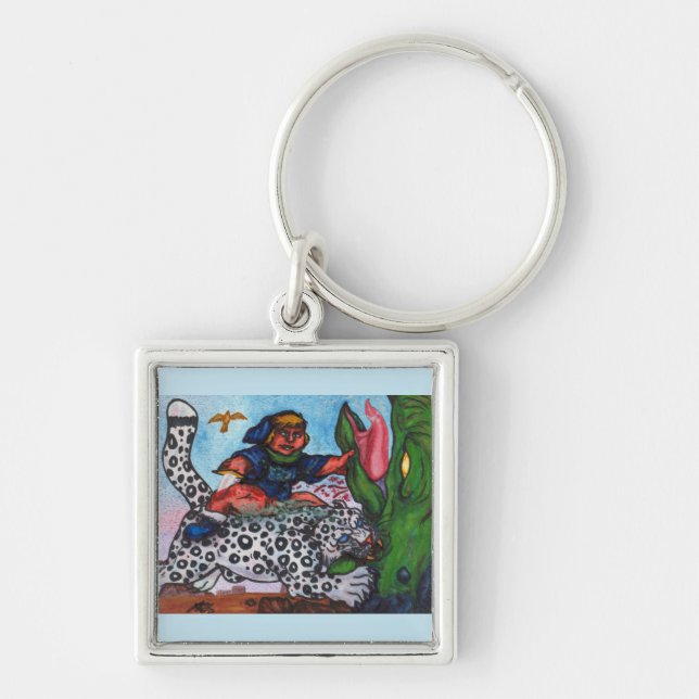 fantasy boy riding cat fighting dragon and eagle key ring (Front)