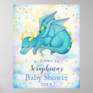 Fantasy Boys Blue Dragon Baby Shower Welcome Poster