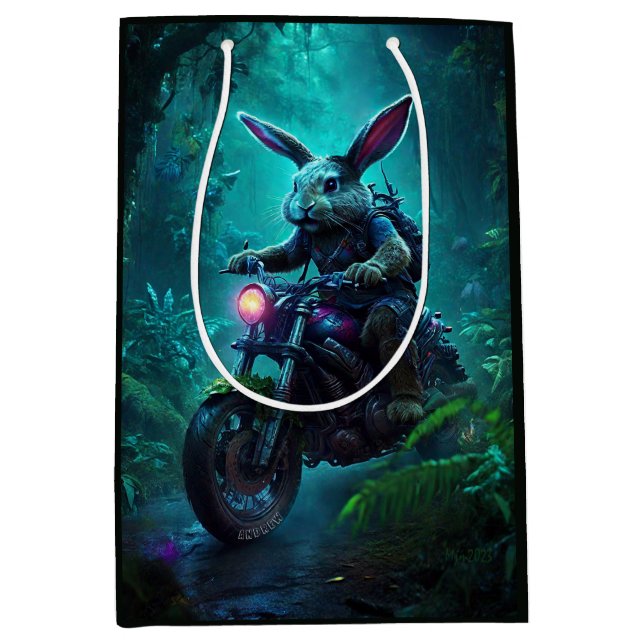 Fantasy Bunny Rabbit In Motorcycle Medium Gift Bag (Front)