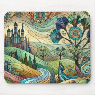 Fantasy Castle with Colourful Hills and River Mouse Pad