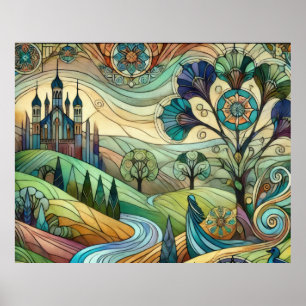 Fantasy Castle with Colourful Hills and River Poster
