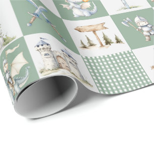 Fantasy castle with dragons and knights baby boy wrapping paper