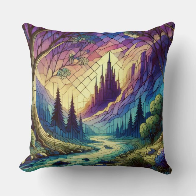 Fantasy Castle with Enchanted Forest and River Cushion (Front)