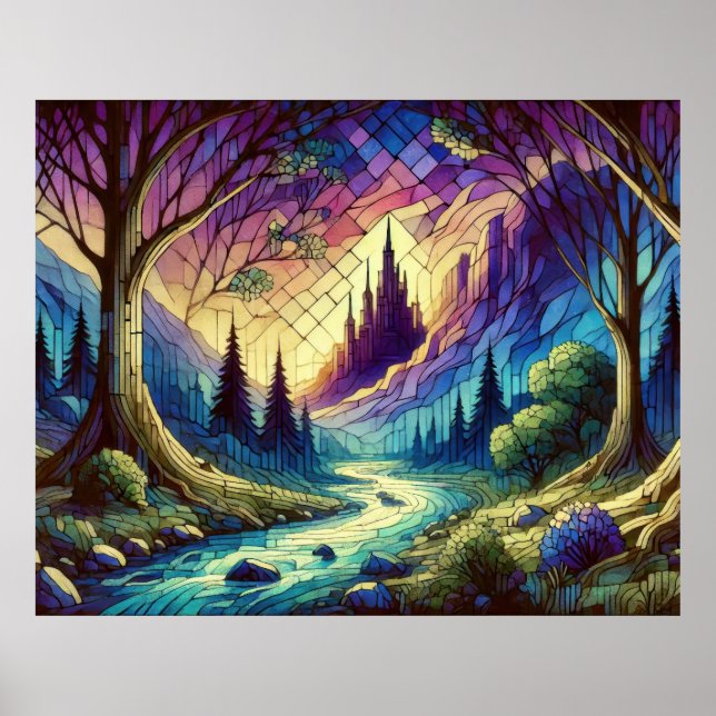 Fantasy Castle with Enchanted Forest and River Poster (Front)