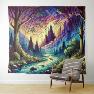 Fantasy Castle with Enchanted Forest and River Tapestry
