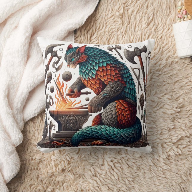 Fantasy Cat Forging in a Magical Workshop Cushion (Blanket)