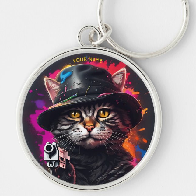 Fantasy Cat Gangster Gun Key Ring (Front)