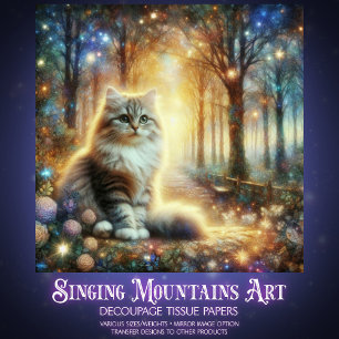 Fantasy Cat in a Floral Woodland Garden Decoupage  Tissue Paper