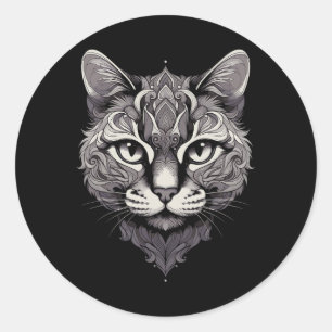 Fantasy Cat Mandala Art Mystical Oriental Style Fe Classic Round Sticker