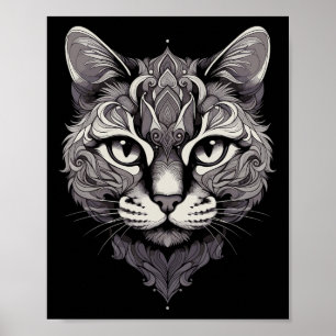 Fantasy Cat Mandala Art Mystical Oriental Style Fe Poster