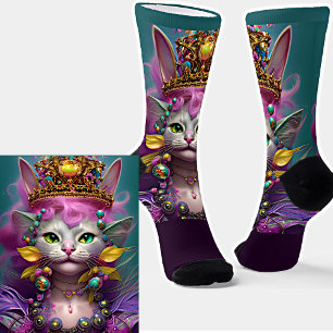 Fantasy Cat Princess Queen with Gold Crown on Aqua Socks