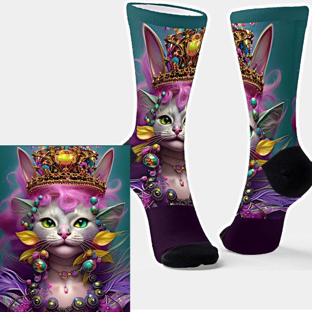 Fantasy Cat Princess Queen with Gold Crown on Aqua Socks (Creator Uploaded)