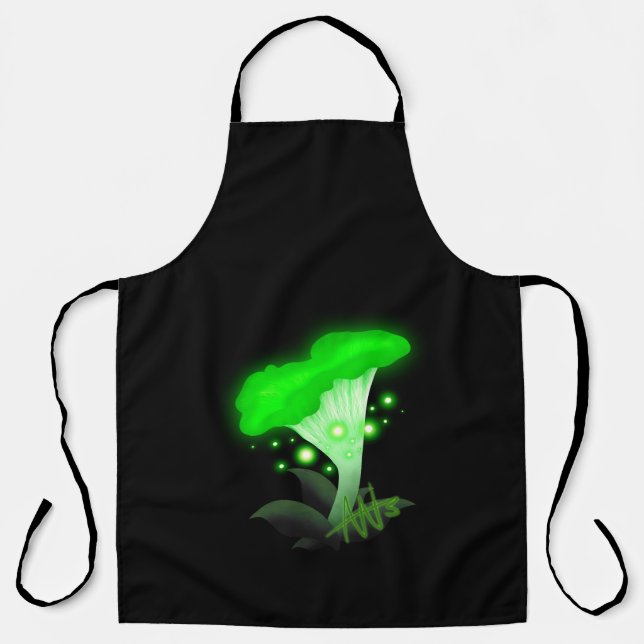 Fantasy Chanterelle Glowing Green Mushroom Black Apron (Front)
