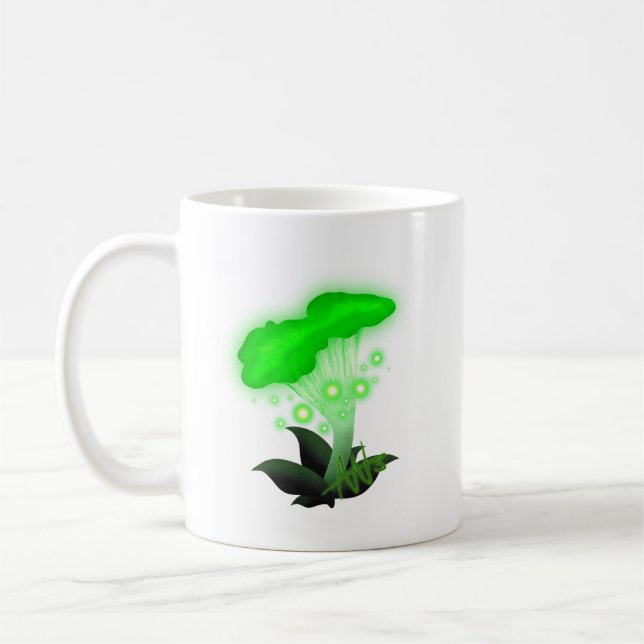 Fantasy Chanterelle Glowing Green Mushroom Coffee Mug (Left)