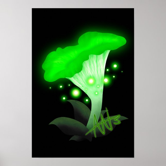 Fantasy Chanterelle Glowing Green Mushroom Poster (Front)